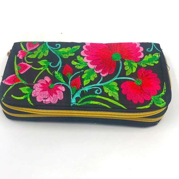 Imported Embroidered Floral Flap Wallet Wristlet - Picture 2 of 10